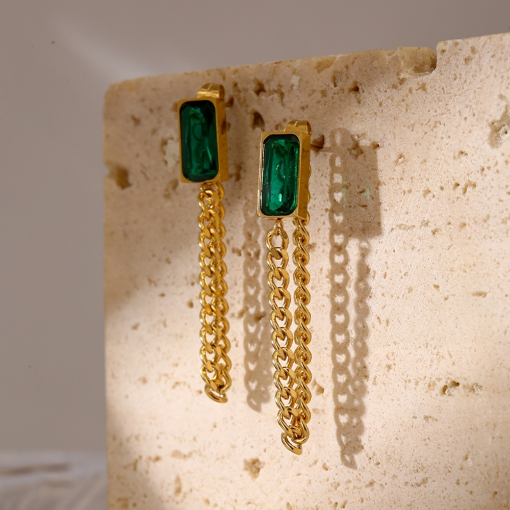Gorgeous Green Crystal Chain Drop Earrings